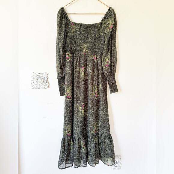 Betsy Johnson Green and Black Leopard animal Print Smocked Tiered Midi Dress S - Picture 9 of 12